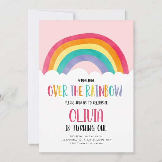 オーバーザレインボーピンクガール誕生日招待状 招待状 (正面)