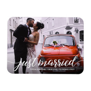 オーバーレイたった今結婚しました結婚スクリプトの写真 マグネット