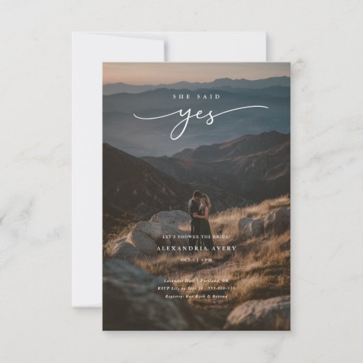 オーバーレイエレガント写真彼女が言ったYesブライダルシャワー 招待状 (正面)