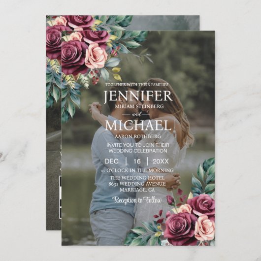 オーバーレイポートレート写真フォトQRバラ結婚ズ 招待状 (正面/裏面)