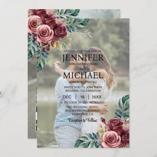 オーバーレイポートレート写真フォトQRバラ結婚ズ 招待状 (正面/裏面)