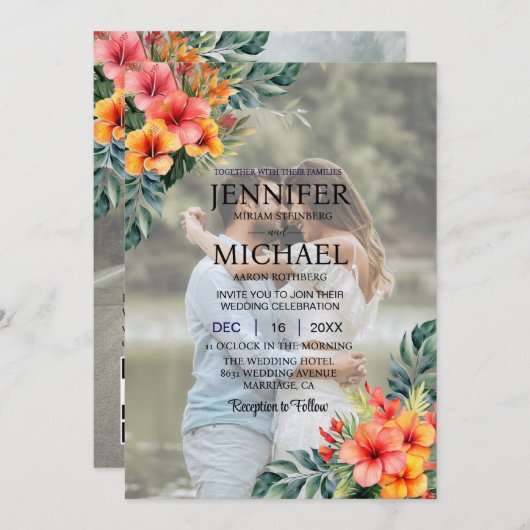 オーバーレイポートレート写真写真QRトロピカル結婚ズ 招待状 (正面/裏面)