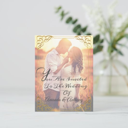 オーバーレイ写真予算エレガントな結婚式の招待状 インビテーションポストカード (スタンド正面)