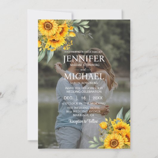 オーバーレイ写真写真QRひまわり結婚の花 招待状 (正面)