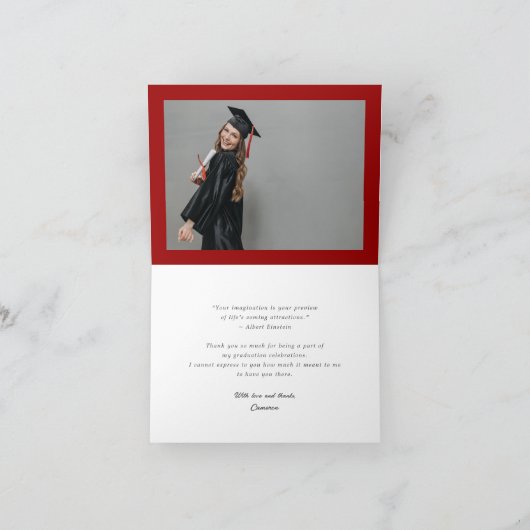 オーバーレイ白リボン卒業キャップモダン3写真 サンキューカード (内部)