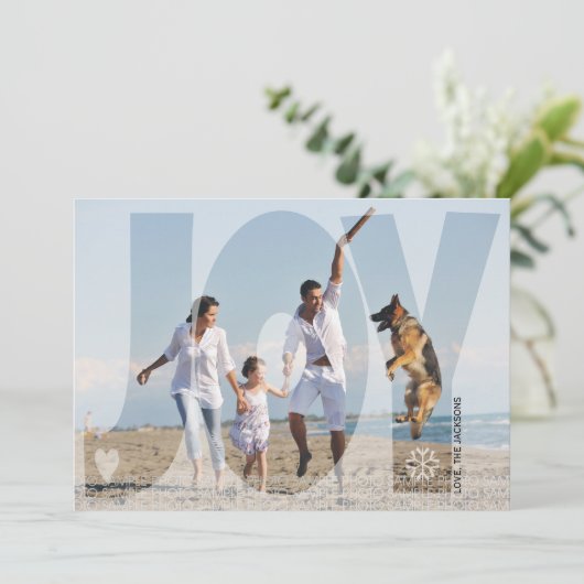 オーバーレイjoyクリスマスホリデーグレーの写真カード 招待状 (スタンド正面)