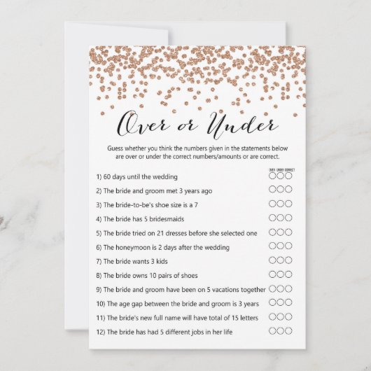 オーバー/アンダーバラ金ゴールドブライダルシャワーゲーム5x7 招待状 (正面)
