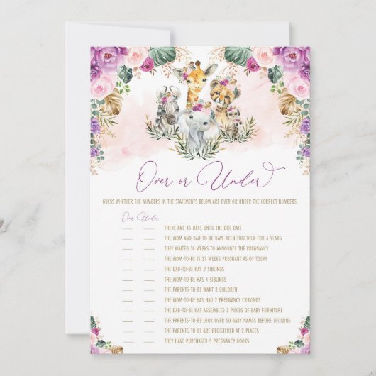 オーバー・オア・アンダー サファリ 動物 ベビーシャワー ゲーム カード (正面)