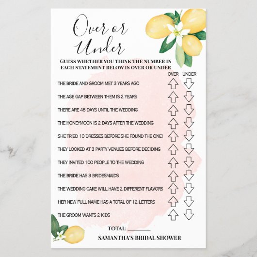 オーバー・オア・アンダー ピンク レモン ブライダル シャワー ゲーム カード (正面)