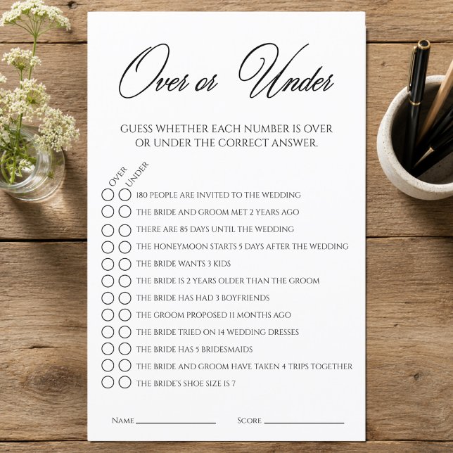 オーバー・オア・アンダー・ブライダルシャワーゲーム (Over or Under Bridal Shower Game)