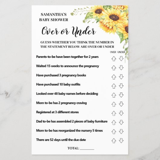 オーバー・オア・アンダー ベビーシャワー バイリンガル ゲーム カード (正面)
