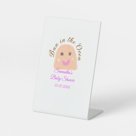 オーブンのベージュ団子の赤ちゃんシャワーピンクのバーにパン 台座サイン (正面)