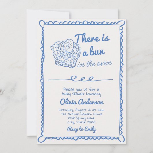 オーブンの少年の赤ちゃんシャワーに手書きのブルーパン 招待状 (正面)