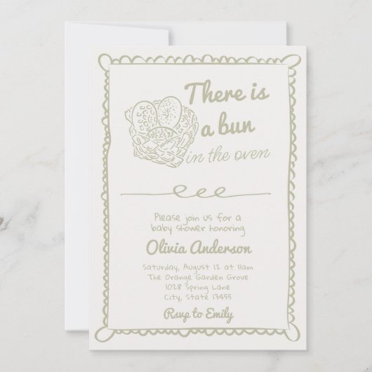 オーブンの赤ちゃんシャワーで手描きセージ緑のパン 招待状 (正面)