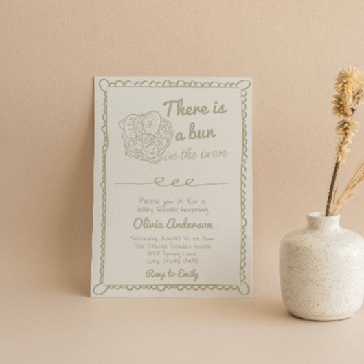 オーブンの赤ちゃんシャワーで手描きセージ緑のパン 招待状
