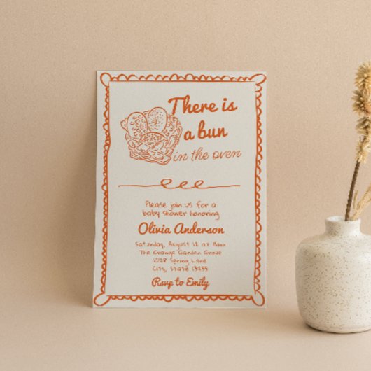 オーブンの赤ちゃんシャワーに手で描いたオレンジのパン 招待状