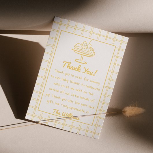 オーブンの赤ちゃんシャワーに手で描かれた黄色のパン サンキューカード