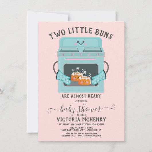 オーブンの赤ちゃんシャワーのツインリトルバン 招待状 (正面)