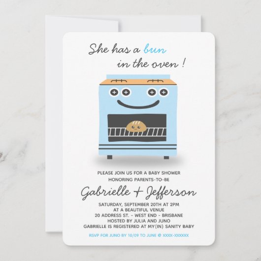 オーブンの赤ちゃんシャワーの青パン 招待状 (正面)