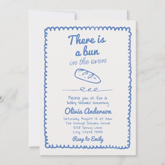オーブンパンの赤ちゃんシャワーで手書きの青い男の子 招待状 (正面)