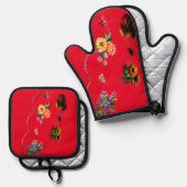 オーブンミッツ&ポットホルダー花スタイルデザイン 鍋つかみ&鍋敷きセット (正面/裏面)