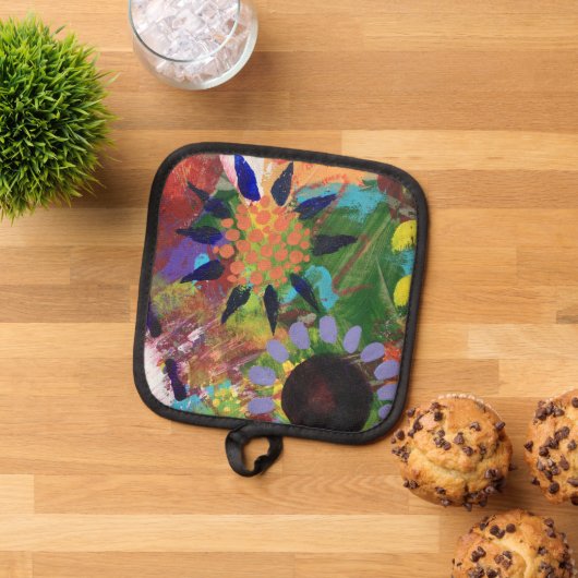オーブンミットとポットの抽象芸術の花 鍋敷き (トップダウン)