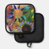 オーブンミットとポットの抽象芸術の花 鍋敷き (正面/裏面)