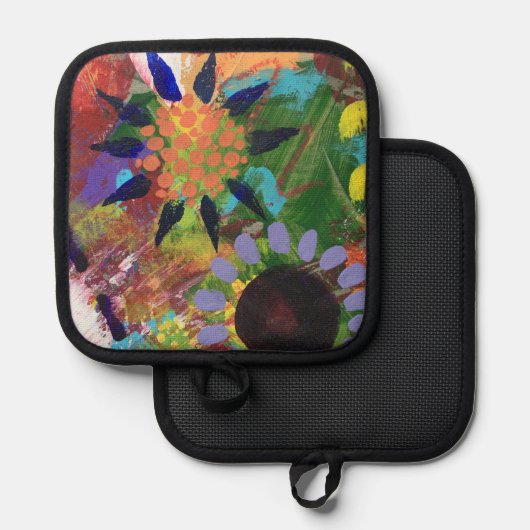 オーブンミットとポットの抽象芸術の花 鍋敷き (正面/裏面)