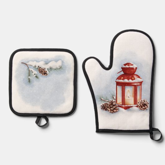 オーブンミットとポットホルダー赤ランタン 鍋つかみ&鍋敷きセット (正面)