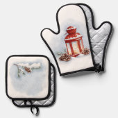 オーブンミットとポットホルダー赤ランタン 鍋つかみ&鍋敷きセット (正面/裏面)