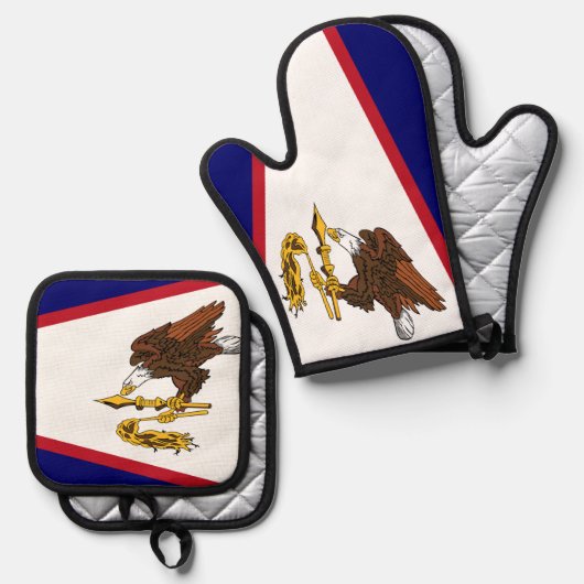 オーブンミット、ポットホルダーとアメリカのサモア国旗 鍋つかみ&鍋敷きセット (正面/裏面)