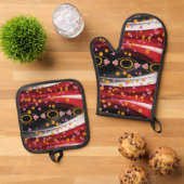 オーブンミット&ポットホルダー抽象芸術カラーレッド金ゴールド 鍋つかみ&鍋敷きセット (トップダウン)