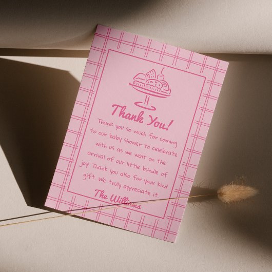 オーブン描ガールパンの赤ちゃんシャワーでピンクのパン サンキューカード
