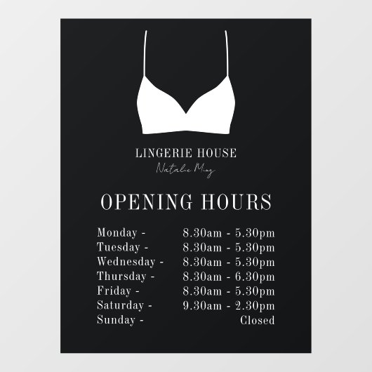 オープニングタイムズラグジュアリー白黒ランジェリーブティック ウィンドウサイン