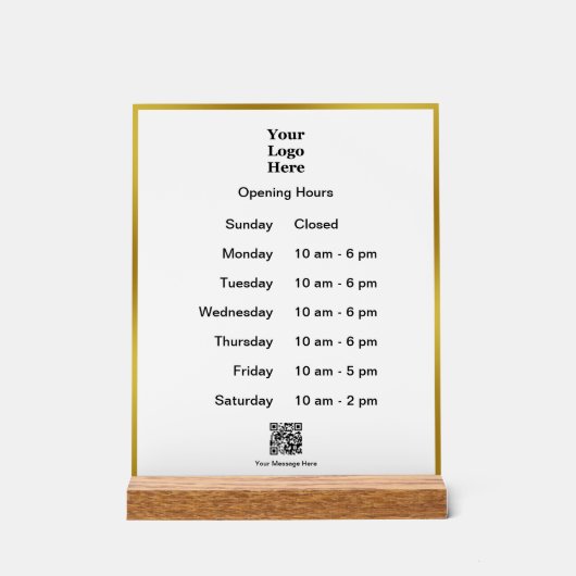オープニングタイムホワイト金ゴールドビジネスロゴQRコード アクリルサイン (正面)