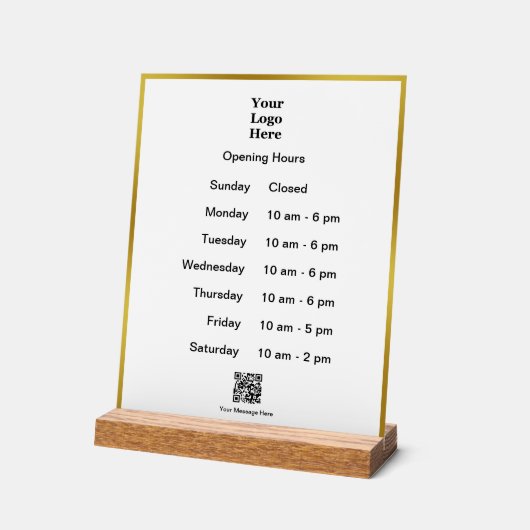 オープニングタイムホワイト金ゴールドビジネスロゴQRコード アクリルサイン (傾斜)