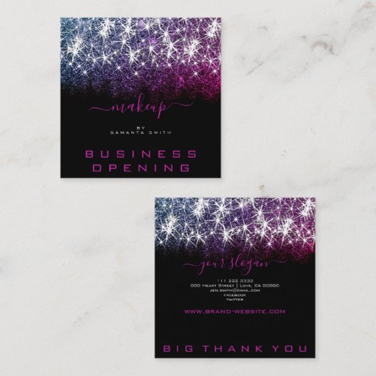 オープニング化粧ピンクパープルグリッタースパーク スクエア名刺 (正面/裏面)