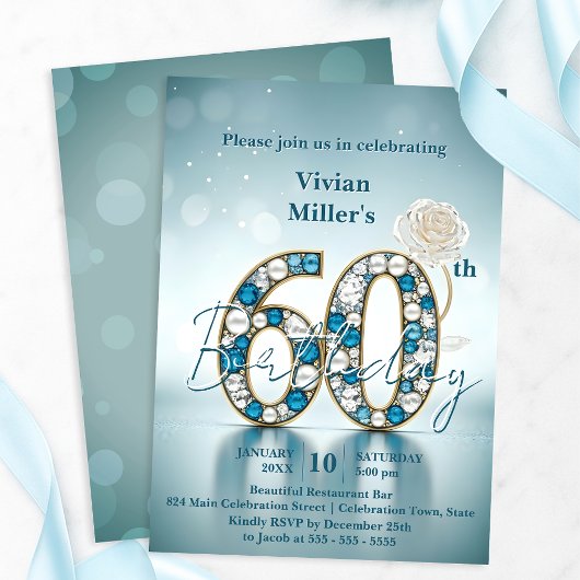 オープルブルーとパールの宝石で飾る60歳の誕生日パーティー 招待状