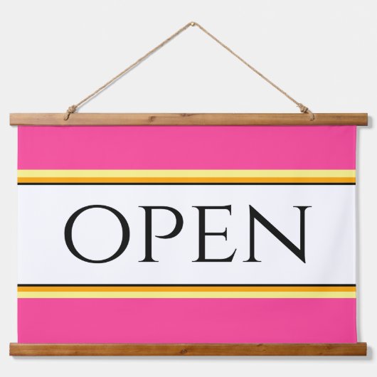 オープンおもしろいブライトピンクホワイトイエローオレンジストライプ色 吊り下げ型タペストリー (正面)