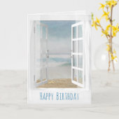 オープンウィンドウとヒトデ海シーンの水彩 カード (黄色い花)