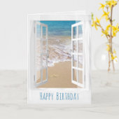 オープンウィンドウとヒトデ海シーン カード (黄色い花)