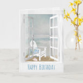 オープンウィンドウとビーチチェアシーン誕生日 カード (黄色い花)