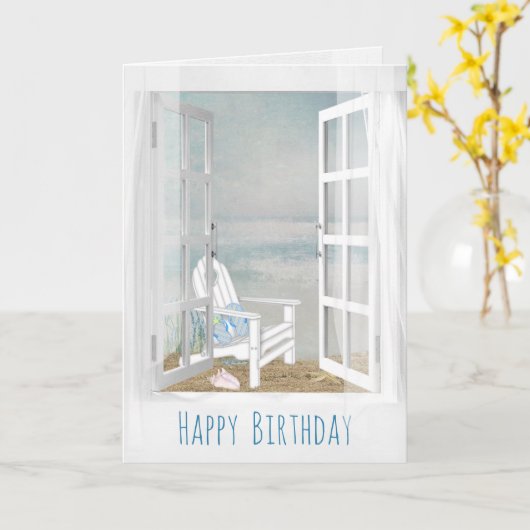 オープンウィンドウとビーチチェアシーン誕生日 カード (黄色い花)