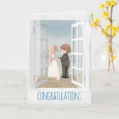 オープンウィンドウの新郎新婦のビーチシーン カード (黄色い花)