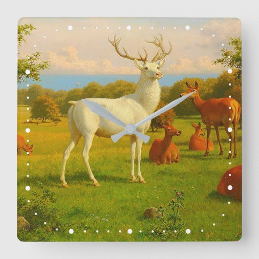 オープンフィールドの白い鹿自然野生動物 スクエア壁時計 (正面)