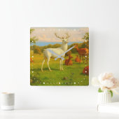 オープンフィールドの白い鹿自然野生動物 スクエア壁時計 (ホーム)