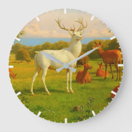 オープンフィールドの白い鹿自然野生動物 ラージ壁時計