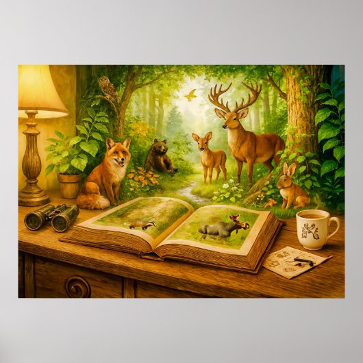 オープンブックから立ち上がる森林動物 ポスター (正面)