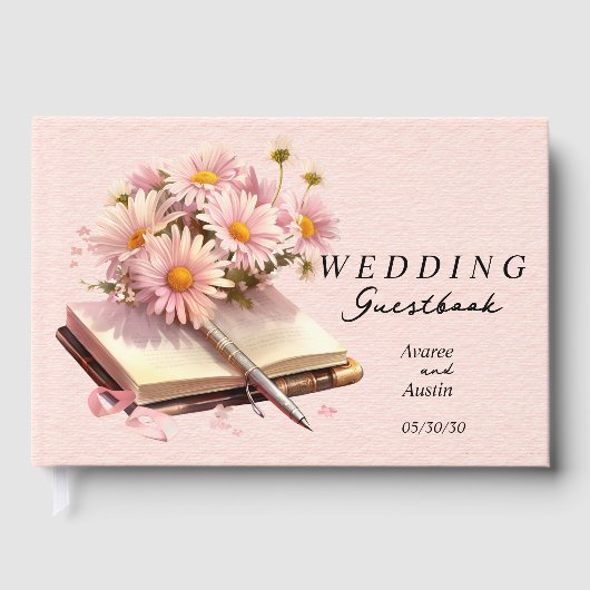 オープンブックのピンクのデイジー結婚ズ ゲストブック (正面)