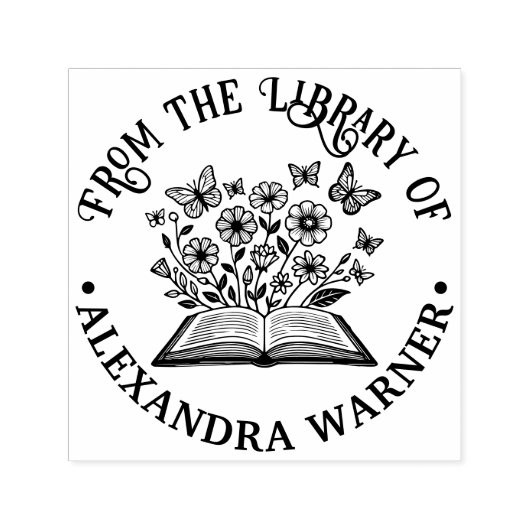 オープンブック野生の花、蝶ライブラリ名 セルフインキングスタンプ (デザイン)